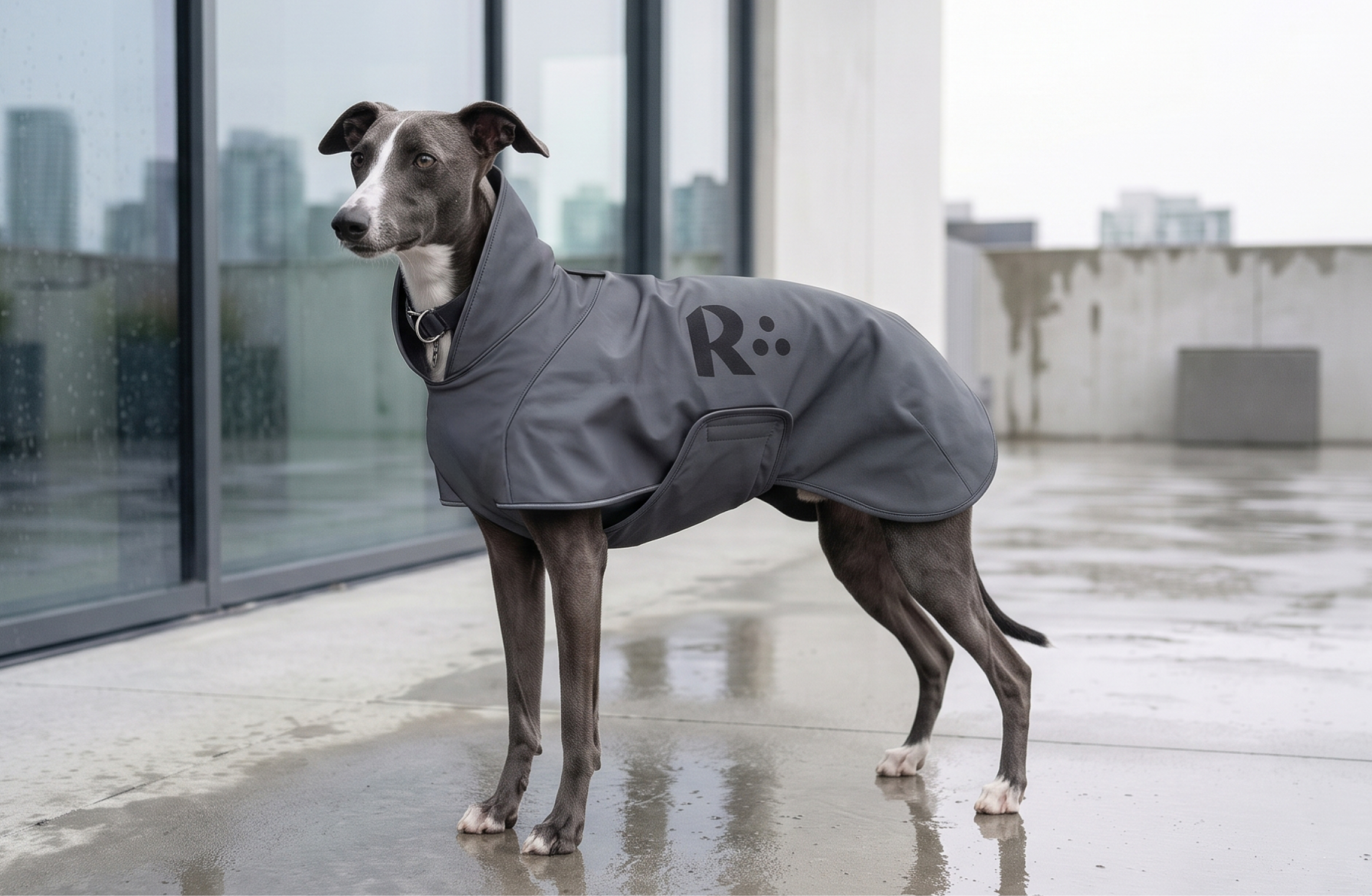 ガラス越しに立つ犬(都市的背景)